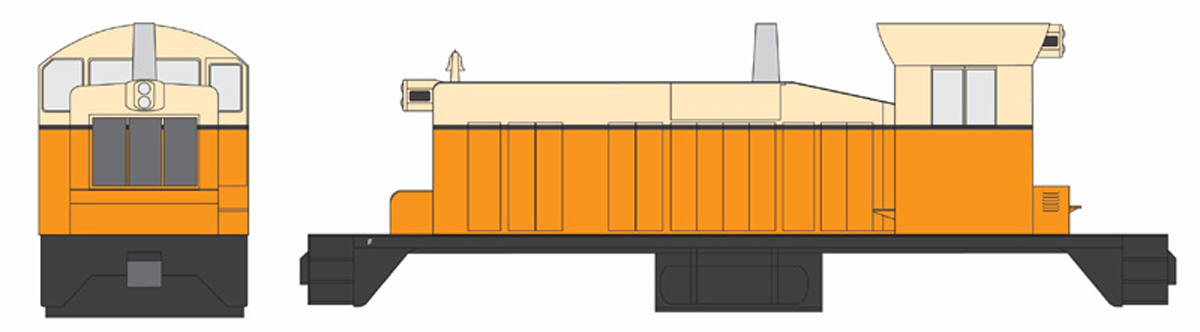 An orange and cream colored model locomotive
