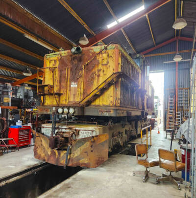 Electric locomotive in museum restoration shop. Western Railway Museum to restore Kennecott electric locomotive.