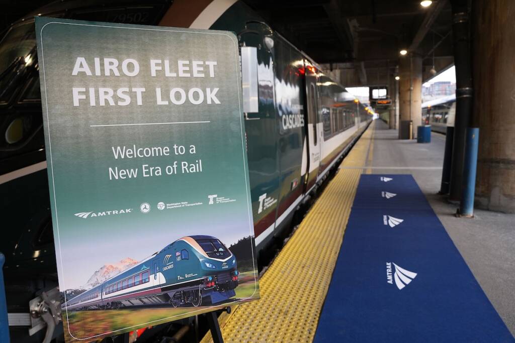 Sign reading "Airo Fleet First Look" next to train at Washington Union Station