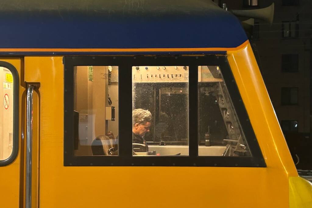 Engineer in cab of locomotive