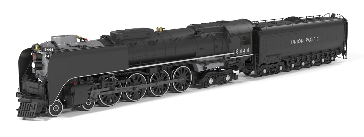 A black model steam locomotive and tender