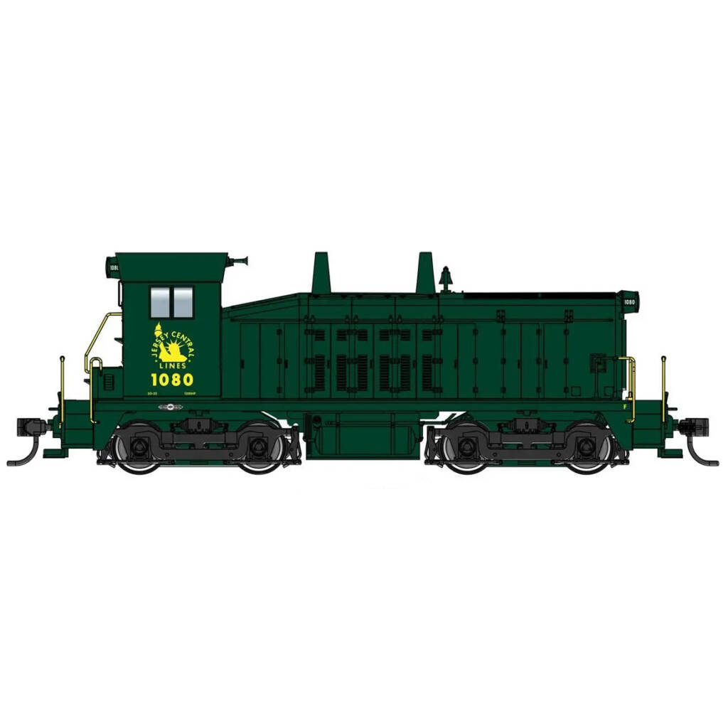 A green model switcher locomotive