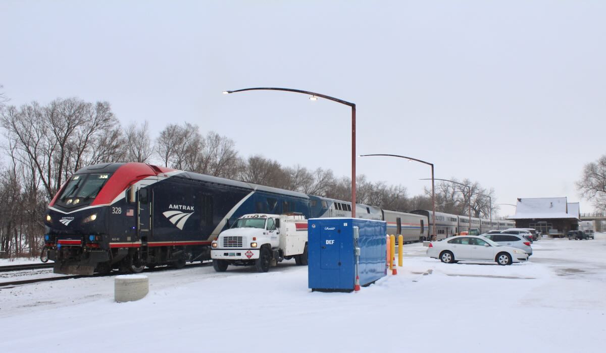Passenger train at station in snow