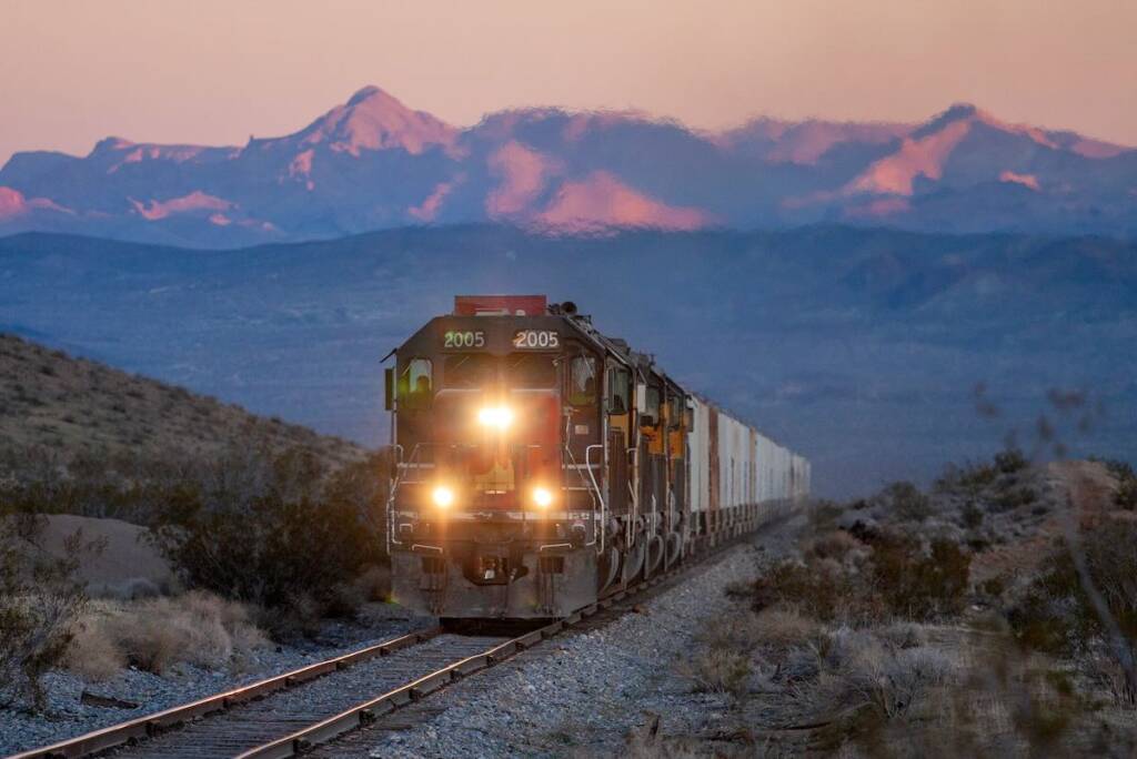 Freight train at sunset